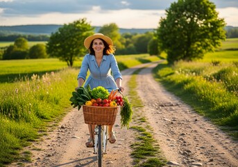 Woman cycling with a basket full of fresh vegetables