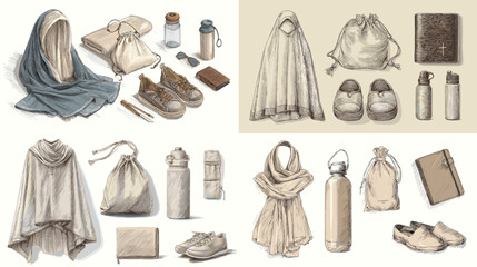 Watercolor illustration set of travel essentials and modest wear, including shawls, shoes, bottles, bags, and accessories in neutral earthy tones.