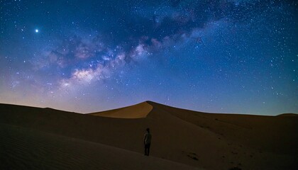 A lone figure stands atop a sand dune beneath a breathtaking night sky, gazing at the glowing Milky Way stretching across the starscape in serene solitude.