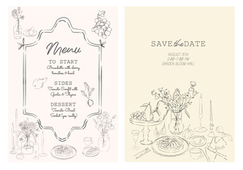 Cottagecore autumn wedding menu and save the date card templates. Hand-drawn illustrations with rustic table setting, wine glasses, harvest fruits, pie, candles, and flowers. Elegant and cozy line art