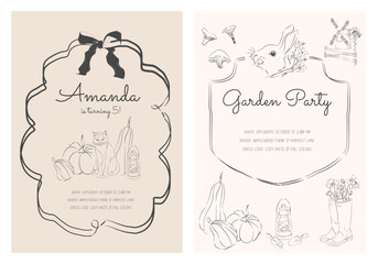 Autumn invitation card templates in cozy cottagecore style. Garden party and birthday celebration designs featuring pumpkins, wild mushrooms, bunny, cat, lantern, and gardening boots. 