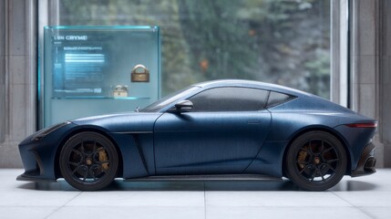 Sleek blue sports car displayed in a modern showroom with rain streaks on the windows