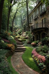 Winding stone path ascends a lush, flowering hillside towards elegant stone homes