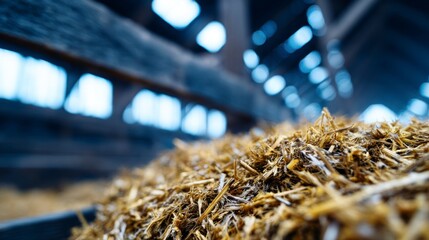 Close up view of a pile of straw bedding inside a dimly lit barn with bokeh lights