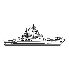 Monochromatic outline illustration of a modern naval warship, featuring deck-mounted weaponry and a helipad with a helicopter, symbolizing maritime defense and national security.