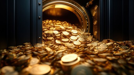 A golden vault spills an abundant collection of coins onto the floor, set against a striking backdrop of cascading binary code that suggests an intersection of wealth and technology.