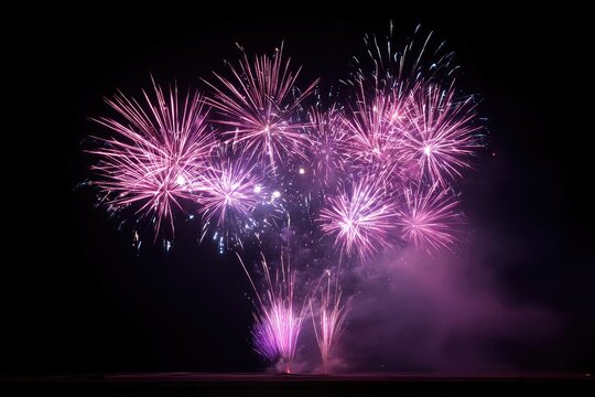 Pink fireworks explode in the night sky