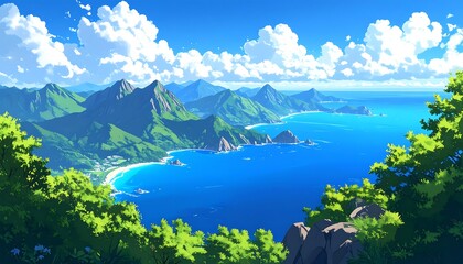 Lush coastal landscape, mountains and ocean