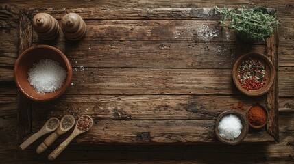 Rustic wooden board with culinary spices