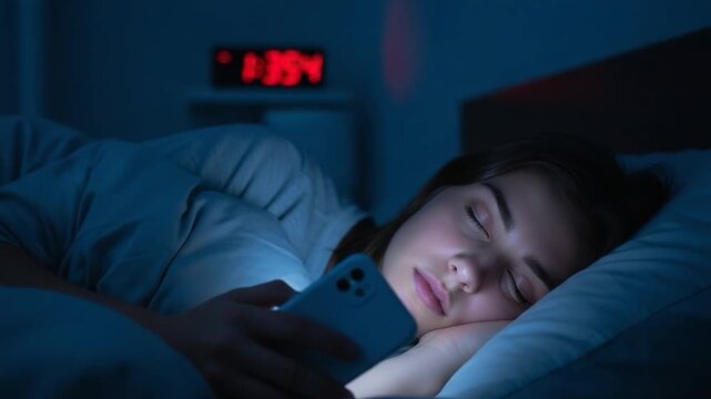Young Woman Sleeping with Smartphone's Blue Light in Dark Bedroom at Night