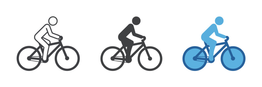 UntitledVector art of bicycle rider icons isolated on white background featuring various styles, including outline, silhouette, and blue fill, showcasing a person riding a bike for transportation, exe