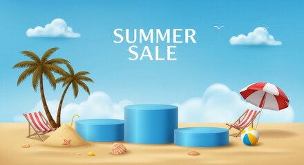 Obraz premium Summer sale, three blue podium display, coconut trees, pile of sand, beach umbrella, beach chair and beach ball, banner design, on cloud and sky blue background, vector illustration, Ai generate