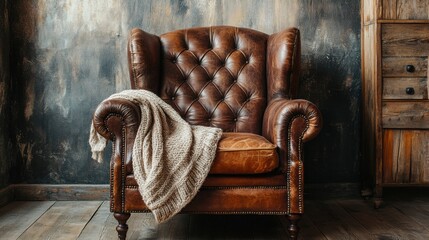 A vintage leather armchair with tufted design is accentuated by a soft knitted blanket draped over it. The rustic background adds charm, offering a warm and inviting space for relaxation.