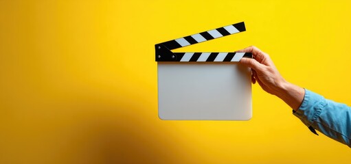 A hand holds a blank movie clapperboard against a bright yellow background