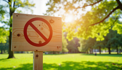 No entry sign on wooden post in sunny park with green trees  