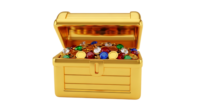 Golden treasure chest full of gems isolated on transparent background
