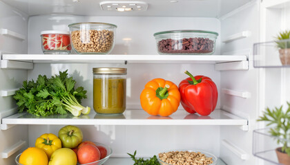 Fresh vegetables and ingredients organized on shelves in refrigerator  