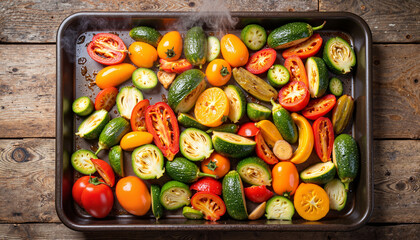 Colorful assorted vegetables arranged on baking tray for roasting  