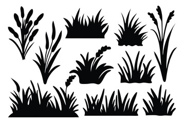Small grass bundle silhouettes set Vector illustration on white background.