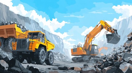 Open-pit mining scene.  Heavy machinery