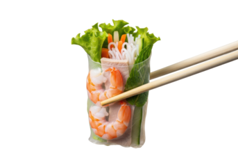 Single fresh Vietnamese summer roll with shrimp, pork, noodles, lettuce, mint, held upright by elegant chopsticks on blurred transparent studio background, gourmet Asian cuisine concept