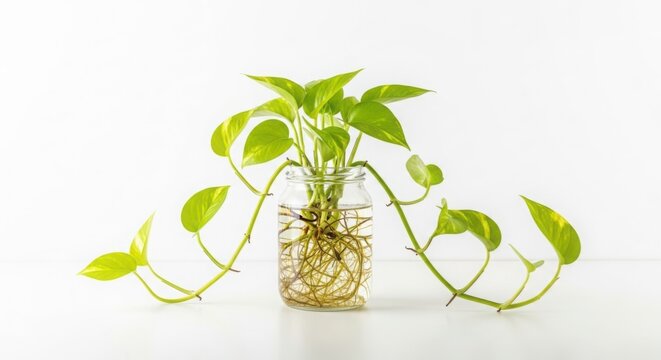 Green pothos plant growing in a clear glass vase with water and pebbles