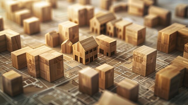 
REAL ESTATE MARKET WITH WOODEN BUILDING - Lower environmental impact for wooden buildings concept with imaginary Cadastral Map and General Urban Planning - Web banner concept with copy space