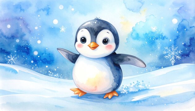 Cartoon baby penguin sliding on ice with snowflakes in the air 