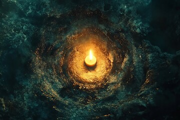 Single Candle Flame Illuminating a Swirling Dark Turquoise and G