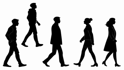 Obraz premium Silhouettes of five people walking in different styles and outfits on a white background in a row created with generated ai