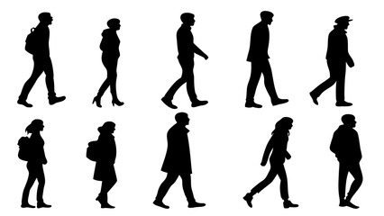 Obraz premium Silhouettes of people walking in various styles and poses against a white background in a side view created with generated ai