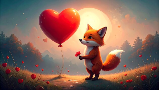 3D cartoon red fox cub holding a balloon shaped like a heart 