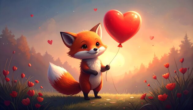 3D cartoon red fox cub holding a balloon shaped like a heart 