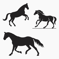 Obraz premium Three black horse silhouettes in various poses against a white background showcasing equine movement and form created with generated ai