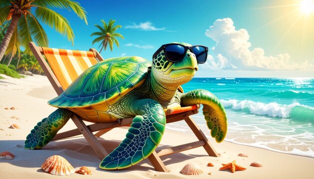 Cartoon turtle wearing sunglasses relaxing on a beach chair 