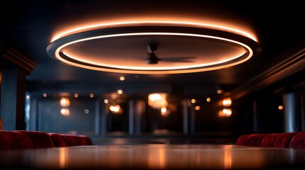 blurred image of a ceiling fan above a dark club bar, circular light trails over velvet seating