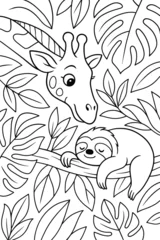Rideaux  Coloring page with cute sloth and giraffe in jungle  © Svetlana Kulakova