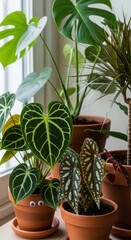 Fototapeta premium Collection of lush green houseplants in terracotta pots near a window