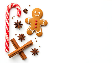 Flat Lay of Christmas Gingerbread Man Cookie with Candy Cane Cinnamon Sticks and Star Anise on White Background Festive Holiday Baking Ingredients Food Photography