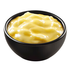 Custard Cream In A Black Bowl, Isolated On White Background. Delicious Homemade Vanilla Custard For Dessert.