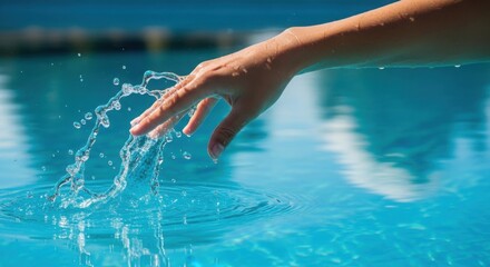 Close up of a person s hand gently touching the surface of a sparkling blue swimming pool