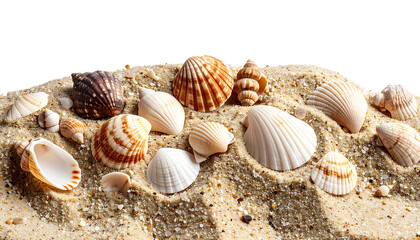 Beach sand with shells on transparent background