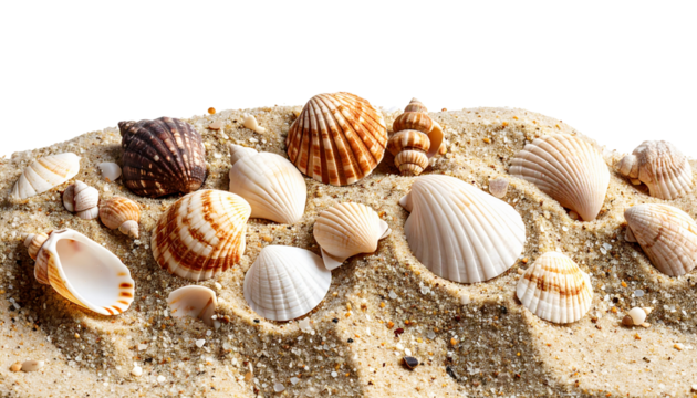 Beach sand with shells on transparent background
