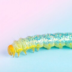 Close-up of a glittering caterpillar on a pastel background