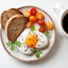 A plate of food with eggs, tomatoes, and bread