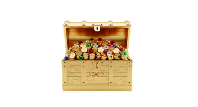 Golden treasure chest full of gems and coins isolated on transparent background