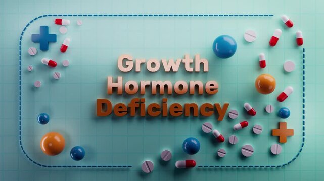 Animated text "Growth Hormone Deficiency" on a 3D medical background. Ideal for biology education, cellular energy visuals, metabolic health, nutritional science, wellness content