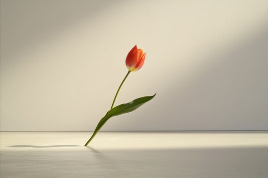 Single Red Tulip with Green Leaf on Pale Background with Soft Li - Powered by Adobe