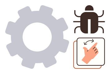 Gear symbol, bug icon, and swipe gesture highlight process, error debugging, and user interaction. Ideal for technology, software design, troubleshooting, user interface development workflow