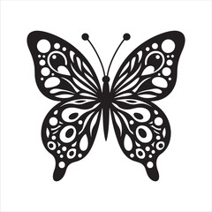 Detailed Black Butterfly Silhouette with Circular Wing Motifs on White Background Keywords: butterfly, insect, silhouette, black, white, detailed, ornate, circular, motifs, wings, symmetrical